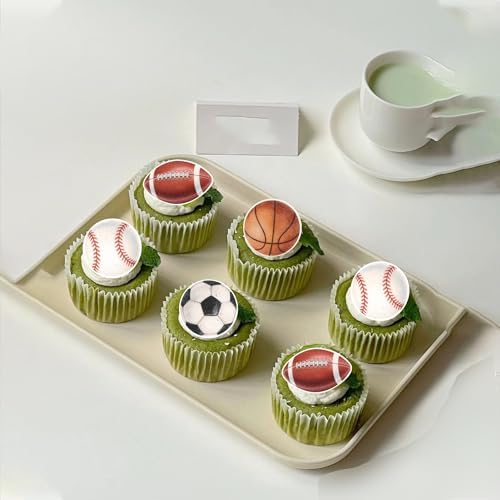 60 PCS Edible Sports Ball Cupcake Toppers Wafer Paper Football Baseball Cupcake Picks Rugby Basketball Soccer Cupcake Decorations for Sports Theme Baby Shower Birthday Party Cake Decorations Supplies
