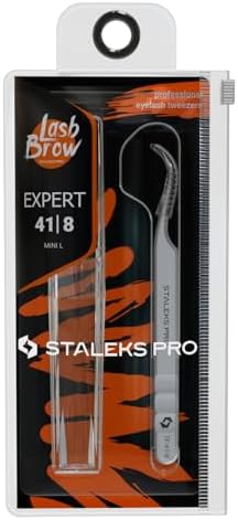 STALEKS PRO Expert 41 Type 8 Professional Eyelash Tweezers (Mini L-Shaped) – Stainless Steel for Classic & 2D-4D Volume Lash Extensions & Beginners