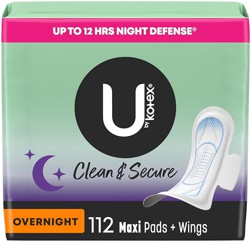 U by Kotex Clean & Secure Overnight Maxi Pads with Wings, 112 Count (4 Packs of 28) (Packaging May Vary)