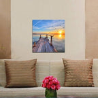 Canvas Wall Art, Sunset Lake Pier with Flying Birds, Nature Landscape Print, Home Decor (20x20 inches, Framed)