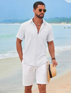 COOFANDY Men's Short Sleeve Casual Button Down Shirts Summer Beach Wedding Textured Linen Shirt for Men