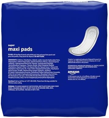 Amazon Basics Maxi Pads for Periods- Thick, Super Absorbency, Unscented, 192 Count, (4 Packs of 48)