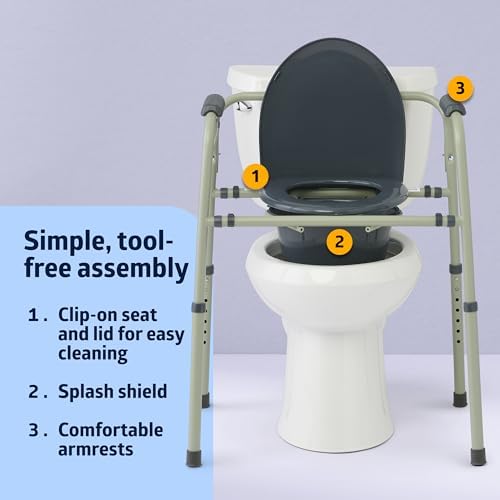 Medline 3-in-1 Steel Adjustable Bedside Commode w/ Microban Protection, Portable Bedside Toilet, 350 lb. Weight Capacity, Removable 7.5 QT. Bucket, Toilet Chair For Elderly, Tool-Free Assembly, Gray