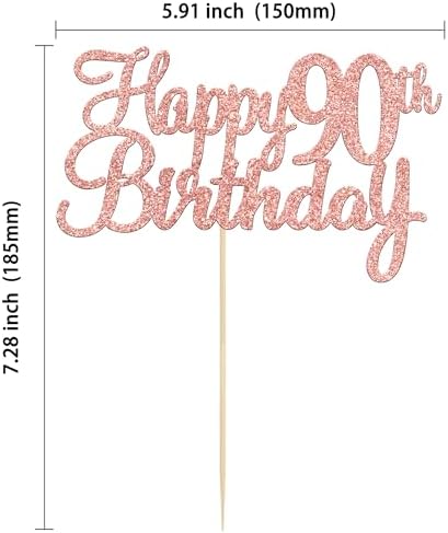 Gyufise 1Pc Happy 90th Birthday Cake Topper Glitter 90th Birthday Cake Pick Cheers to 90 Years Old Ninety Fabulous Cake Decorations for 90th Birthday Theme Party Supplies Rose Gold