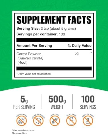 BulkSupplements.com Carrot Powder - Superfood Powder Supplement, Carrot Supplement - for Smoothies & Baking, Vegan & Gluten Free, 5g per Serving, 500g (1.1 lbs) (Pack of 1)