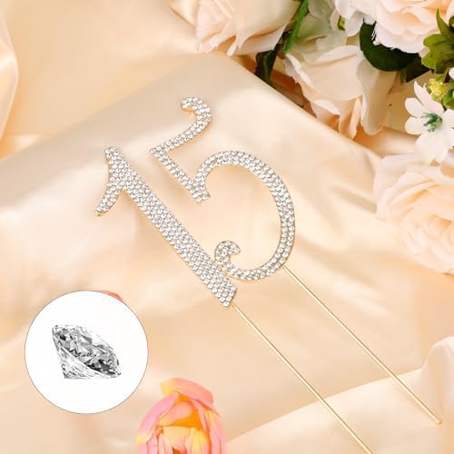 KALIONE 15 Cake Topper, Number 15 Birthday Cake Topper, Crystal Happy 15th Birthday Cake Topper, Rhinestones 15th Cake Topper Decoration for Birthday Party and Anniversary Decoration, Gold
