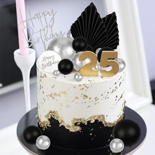 MEMOVAN 26pcs Man Birthday Cake Topper Black Boho Cake Topper Black Silver Balls Palm Leaves Cake Decorations for Man Boy Bohemian Black Silver Theme Wedding Baby Shower Birthday Party