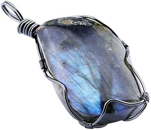 Nupuyai Natural Labradorite Necklace for Unisex, Handmade Wire Wrapped Irregular Healing Stone Pendant with Chain 19"