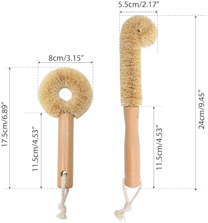 2PCS Coconut Brush Fiber Bottle Wooden Cleaning Brush, Scrub Head for Deep Pan Cleaning Washing, Sturdy Eco-Friendly with Natural Wood Handle Holder, Bristle Scrubber Set for Kitchen Dishes Vegetable