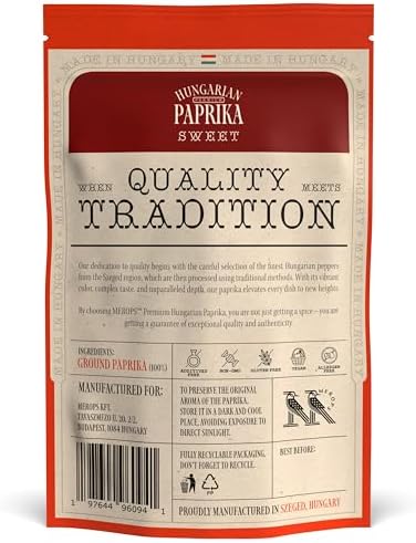 Premium SWEET Hungarian Paprika Powder (4 oz) - Non-GMO - Vibrant Deep Red Color - Protected Designation of Origin (PDO): Szeged Region, Hungary - Authentic Seasoning Spice in Resealable Bag by MEROPS