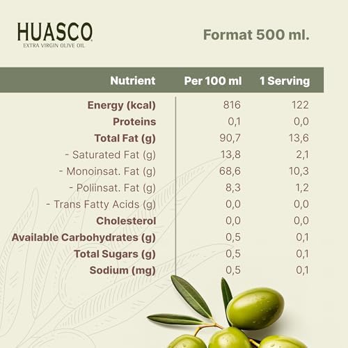 Extra Virgin Olive Oil by HUASCO |First Cold Press - From Chile, 16.9 Fl Oz (500 Ml)