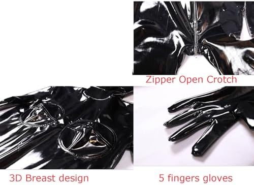 Women's Handmade Shiny Wetlook PVC Leather Catsuit Back with Zipper Bodysuit Jumpsuit Attached Gloves