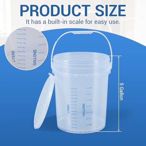 Lounsweer 2 Pack Clear 5 Gallon Bucket with Lid & Handle, Graduated Measuring Mixing Bucket Pail HDPE BPA-Free Storage Container Leakproof for Stirring Mixing Liquids