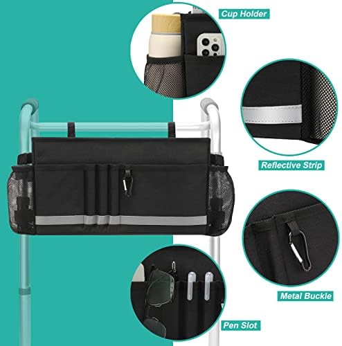 Walker Basket, Folding Walker Bag with Cup Holder, Walker Accessories for Seniors, Black