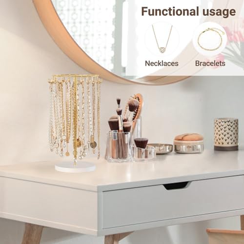 Mkono Necklace Holder Metal Jewelry Display Stand Necklace Organizer with 22 Hooks for Storage and Hanging Bracelet Keychain Home Room Decor for Women,Gold