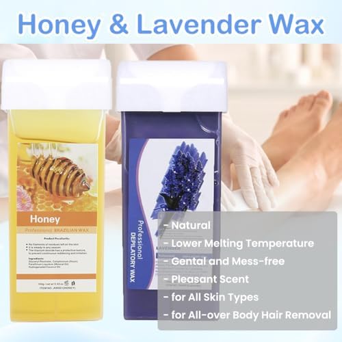 Double Depilatory Roll on Wax Heater Roller Warmer Cartridge Strips Hair Removal Kit with ON/OFF Switch (Honey & Lavender Wax & 200 Paper)