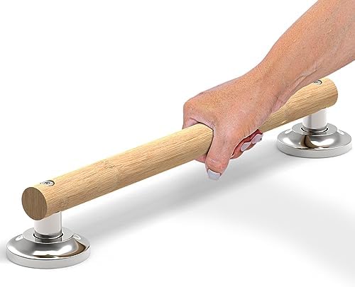 Natural Bamboo Grab Bar for Bathroom & Toilet, ADA Compliant Balance Assist Handrail for Handicap and Seniors, 16in Brushed Nickel