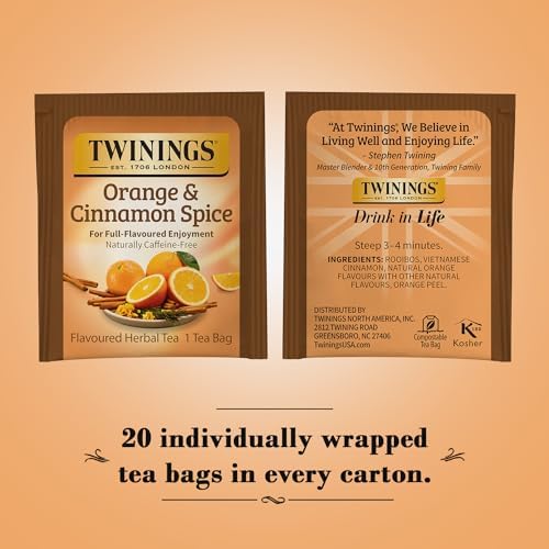 Twinings Orange & Cinnamon Spice Tea, Naturally Caffeine-Free Sweet and Spicy Tea with Rooibos, Orange, and Cinnamon, Herbal Tea Bags Individually Wrapped, 20 Count