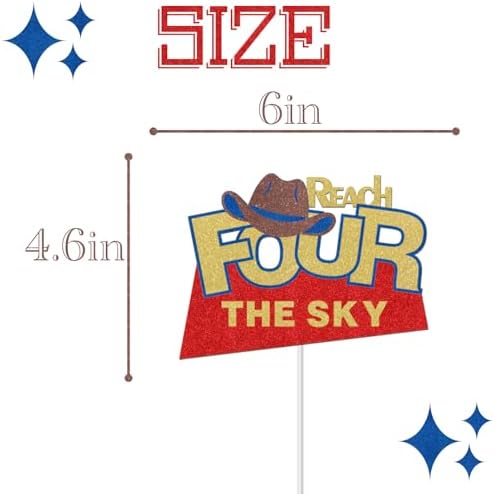 Reach Four the Sky Cake Topper - Outer Space Theme 4th Birthday Cake Picks for Kids Boys Girls - Toy Inspired Four Years Old Birthday Party Supplies