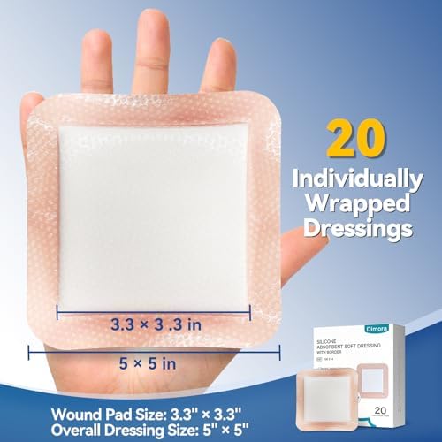 Dimora 20 Count Silicone Super Absorbent Wound Dressing - Gentle Border 5" x 5" Adhesive Bandages for Diabetic Foot Ulcers, Heavy Exudate Wound Care Pads with Ultrasorb Polymer