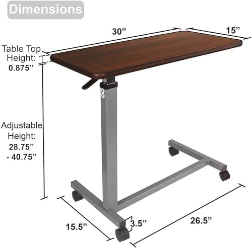 Vaunn Medical Adjustable Overbed Bedside Table with Wheels, 31W x 16"D