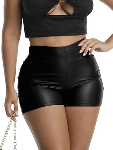Women's Ruched Faux Leather Shorts High Waist Sexy Stretch Mini Booty Hot Shorts