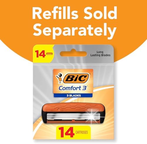 BIC Comfort 3 Men's Refillable 3-Blade Razors with 1 Handle and 12 Cartridges, Smooth Shave Razor Set for Men