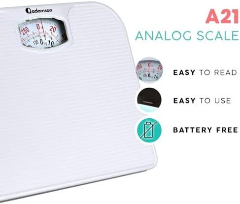 Adamson A21 Analog Scales for Body Weight - Up to 300 LB - New - Anti-Skid Rubber Surface + Large Numbers - Analog Bathroom Scale - Affordable - Durable with 20-Year Assurance