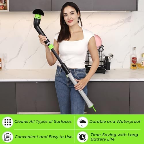 EasyScrub Cordless Electric Spin Scrubber - Powerful 350 RPM Cleaning with 4 Replaceable Heads, Adjustable Extension Handle, IPX7 Waterproof, Ideal for Shower, Tiles, Tubs, and Grout