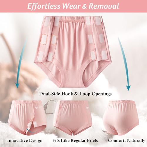 Post Surgery Tearaway Underwear for Women, Reusable Stick-On Briefs, Incontinence & Elderly Care, Hip Knee Surgery, Breathable Cotton（Pink，L）