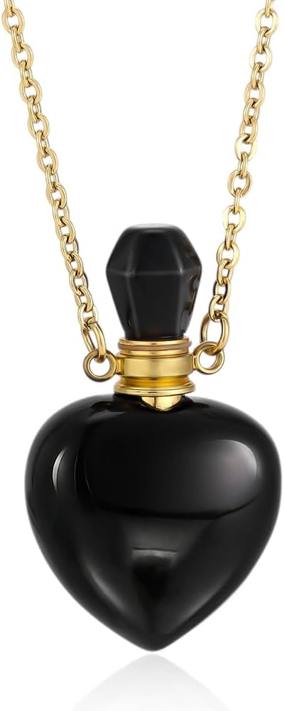 PH PandaHall Obsidian Perfume Bottle Pendant Necklaces Heart Stone Necklace Love Shape Essential Oil Diffuser Vial with Golden Chain Black Natural Genstone Charm Women Jewelry