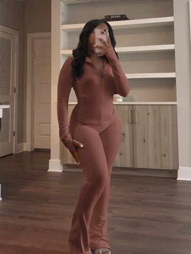 Ophestin Women 2 Piece Outfits Fall Long Sleeve Zip Up Jacket Flare Legging Workout Sets with Pockets Tracksuit Active
