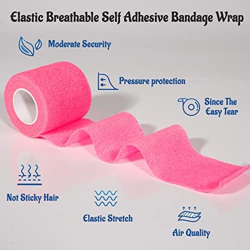 24 Pack Self Adherent Cohesive Bandage Wrap, 2” x 5 Yards Elastic Non Woven Pink Adhesive Tape, Stretch Vet Wrap for Dogs, Athletic Bandages Wrap for First Aid Medical, Sports, Ankle, Wrist Sprains