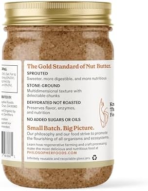 Philosopher Foods - Naked Crunchy Organic Sprouted Almond Butter - 16 oz - Stone Ground Regenerative Organic Crunchy Almond Nut Butter No Sugar Added