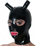 Black Latex Hood with Double Black Ponytail Wig Back Zipper Rubber Mask Cosplay Party Wear Costume