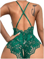 SOLY HUX Women's One Piece Lingerie Sexy Lace Babydoll Deep V Teddy Criss Cross Backless Teddy Mini Bodysuit