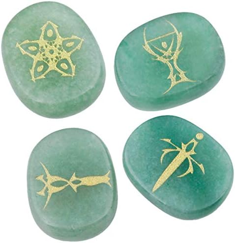 mookaitedecor 4 Piece Green Aventurine Stones Engraved Tarot Symbols Polished Palm Stones for Reiki Crystal Healing