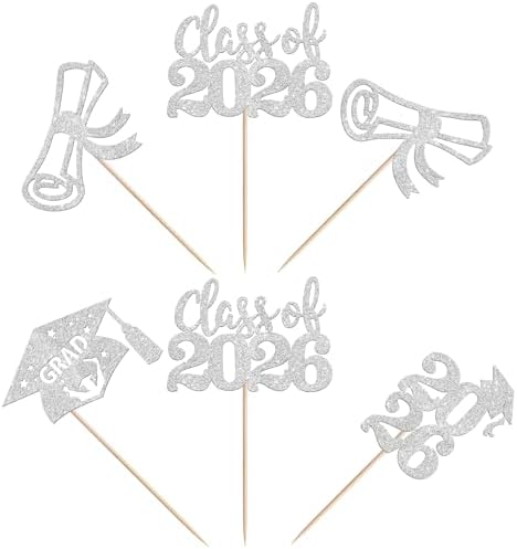 24 PCS 2026 Graduation Cupcake Toppers Glitter Class of 2026 Diploma Grad Cap Cupcake Picks 2026 Graduation Theme Party Cake Decorations Supplies Silver