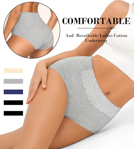 MISSWHO Women's High Waisted Cotton Underwear Soft Breathable Full Coverage Stretch Briefs Ladies Panties 5-Pack