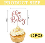 12 Pcs Oh Baby Cupcake Toppers, Pink Glitter Cake Topper for Baby Shower Party Cake Decoration Kids Birthday Party Cake Decorations Supplies