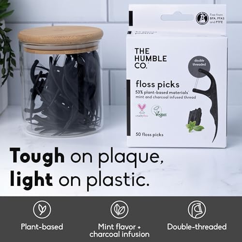 The Humble Co. Floss Picks (200 Count) – Plant Based Dental Floss Picks for Superior Oral Care, Dental Hygiene, and Gum Health, Cruelty Free Tooth Floss Picks (Charcoal, Double Thread)