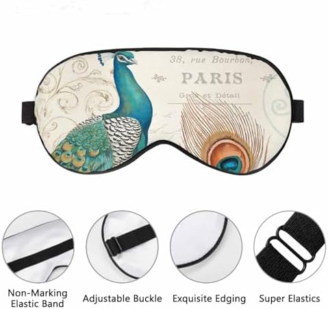 Peacock Flowers Sleep Eye Mask Vintage Feather Letter Green Brown Men Women Sleep Mask with Adjustable Strap Eye Cover Eye Shade for Travel, Nap,Meditation