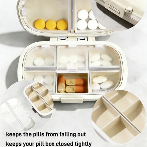 Wheat Straw Portable Pill Box, 8 Compartment Pill Organizer, Beige, Sealed Design, Travel Medicine Organizer, Daily Medication Container