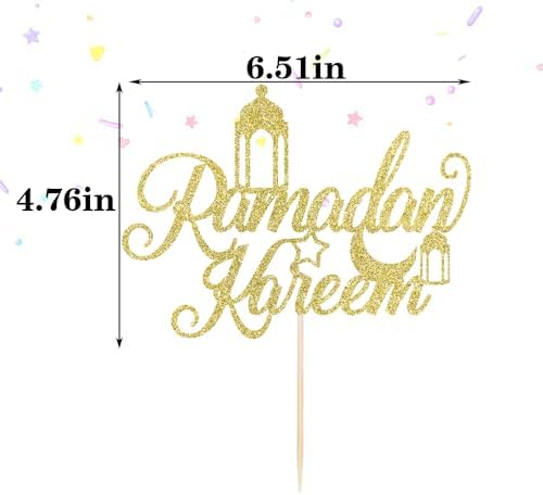 Glitter Ramadan Kareem Cake Topper - Moon Star Eid Cake Decorations, Muslim Islam Eid Mubarak Party Supplies Gold