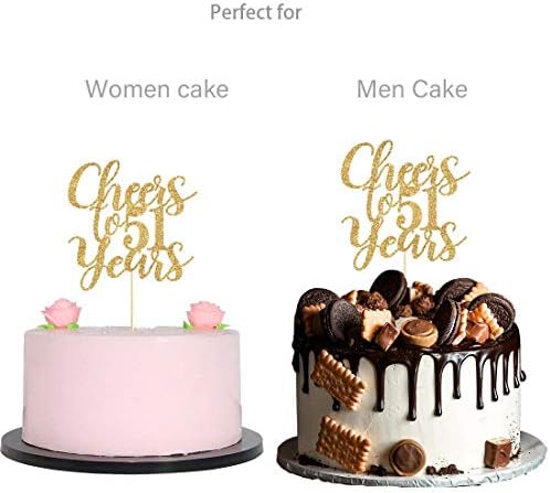 Gold Glitter Cheers to 51 years cake topper, Gold Happy 51st Birthday Cake Topper, Birthday Party Decorations, Supplies