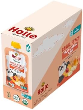 Holle Organic Baby Food Pouches - Panda Peach Baby Puree with Peach, Banana, Apricot & Spelt - (6 Pack) Organic Baby Snacks + Fruit and Veggie Pouches for Weaning Babies 6 Months and Older