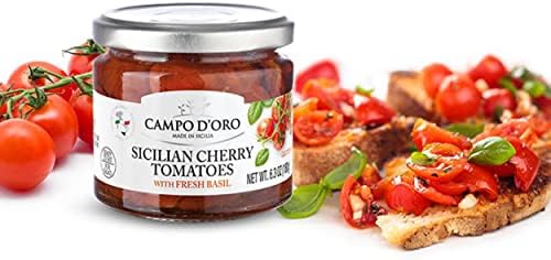 CAMPO D'ORO - Sundried Cherry Tomatoes in Oil, Made with Fresh Basil, Glass Jar 6.35oz, 100% made in Italy, Sicilian Bruschetta Recipe
