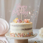 Happy Birthday Cake Toppers, Pink Birthday Cake Decorations for Women Men, Glitter Cakes Pick for Birthdays Party Supplies