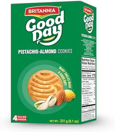 BRITANNIA Good Day Pistachio/Almond Cookies 8.15oz (231g) - Breakfast & Tea Time Snacks - Delicious Grocery Cookies (Pack of 2)