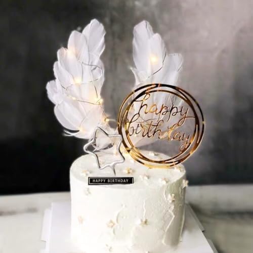 2Pcs Angel Wing Feather Cake Topper White Feather Cake Decor for Anniversary Birthday Party Wedding Baby Shower (white)